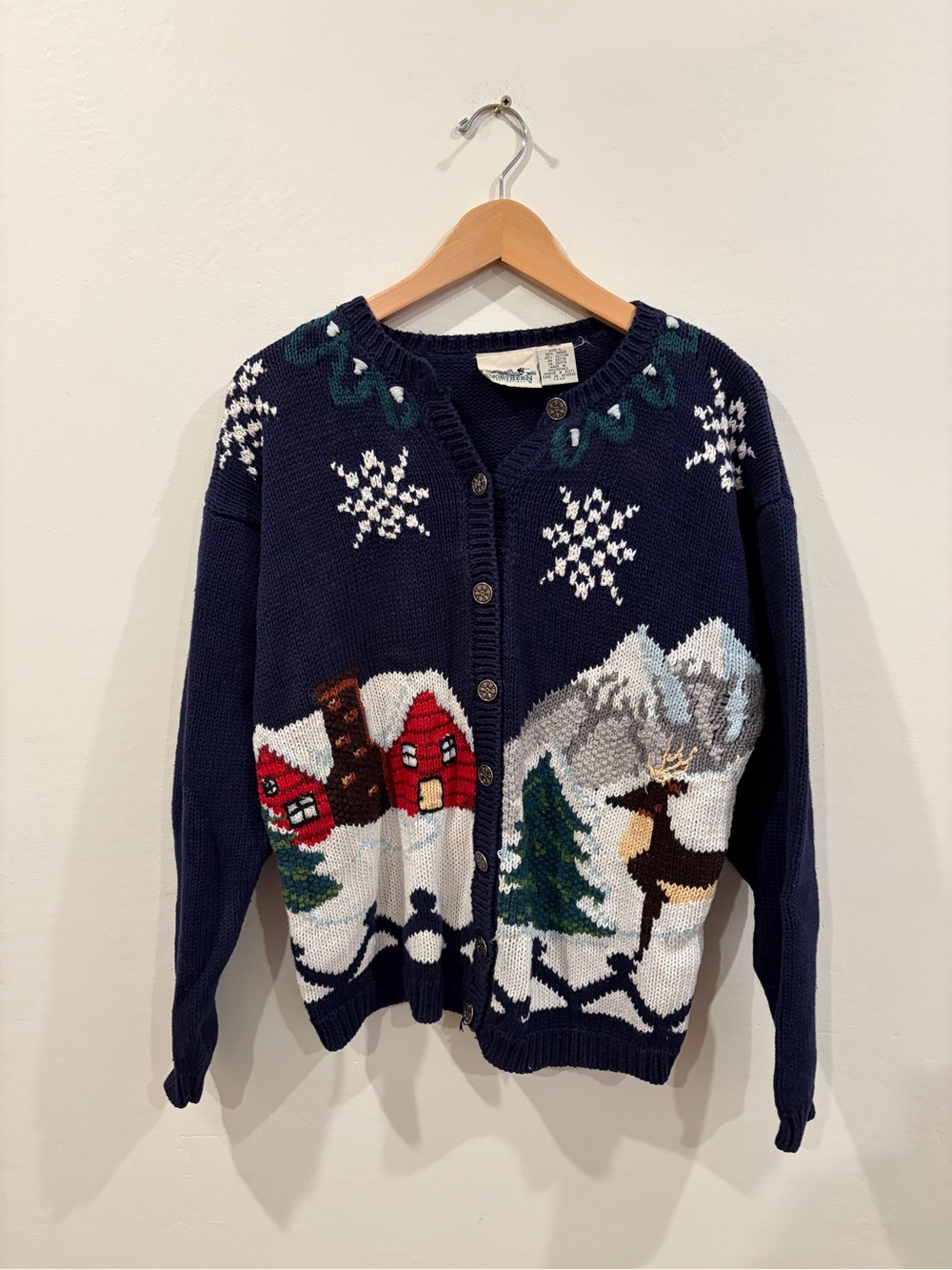 Northern Reflections Holiday Christmas cardigan cabin mountain rain deer & snow